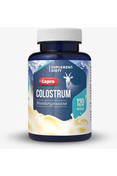 Capra Colostrum supplement bottle with 120 capsules, featuring dietary supplement label for colostrum products.
